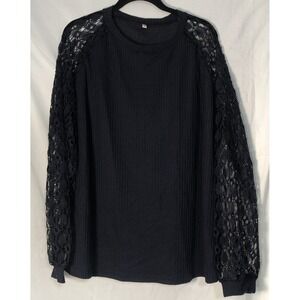 BeadChica Women's Dark Blue Blouse with Long Sleeve Crochet Arms - Size 3XL